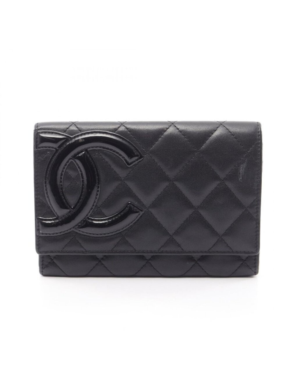 Chanel Bifold Wallet Cambon Line Black Leather Patent Small Flap